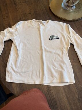 Lacoste White Long Sleeve Waffle Knit Top with Green Crocodile Logo